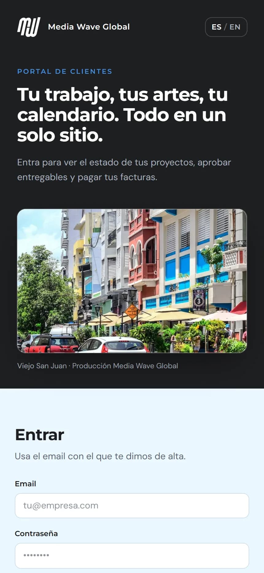 Portal de clientes de Media Wave Global corriendo en un teléfono